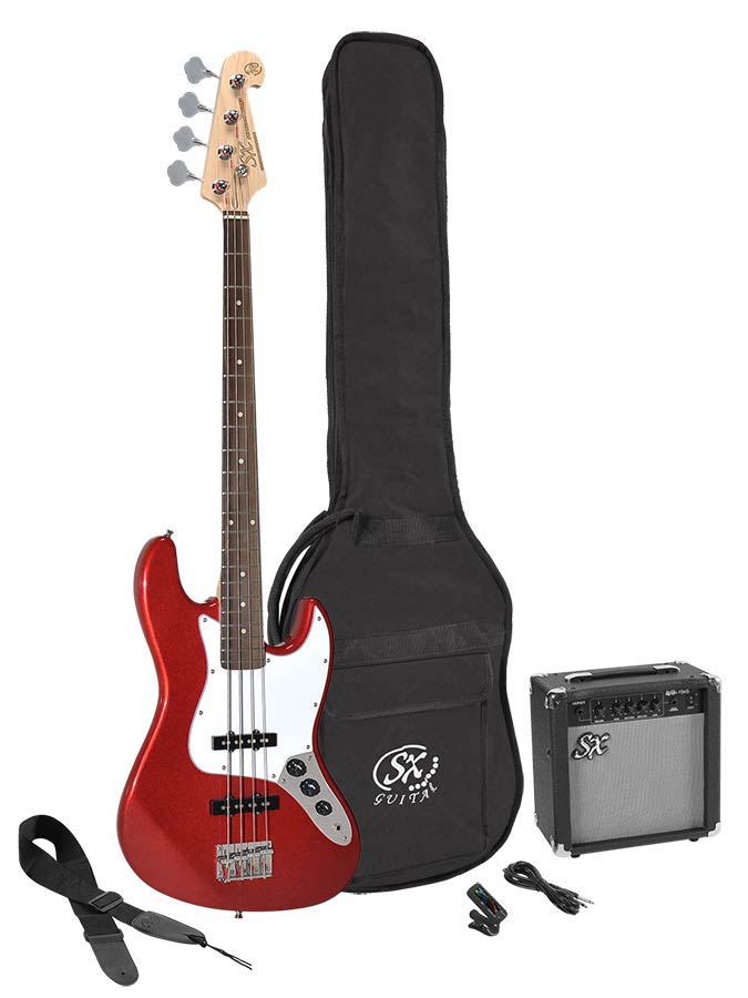 SX Basgitaar J-style Starter set gitaarpakket Candy Apple Red