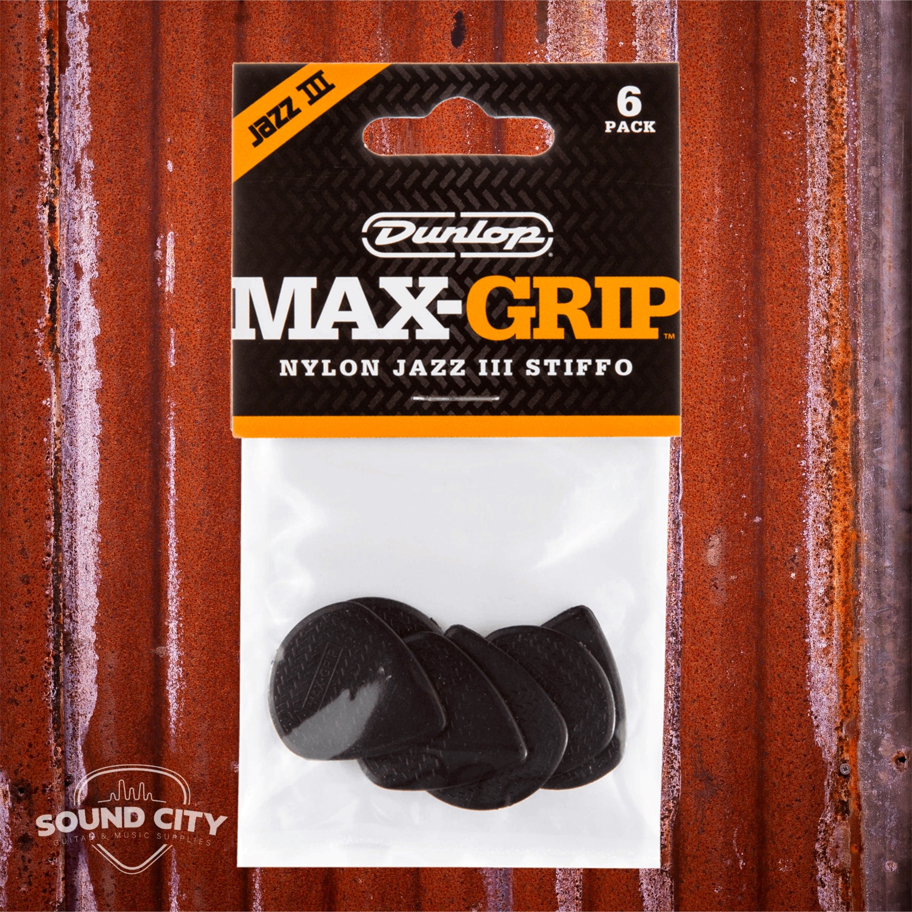Dunlop Plectrum Jazz III Max Grip Stiffo Zwart 6PACK