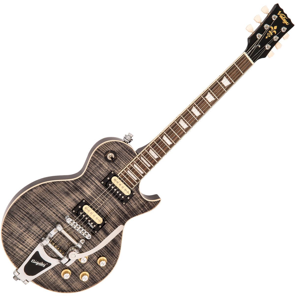 Vintage V100 Guitar - Black Flamed Maple w/ Bigsby