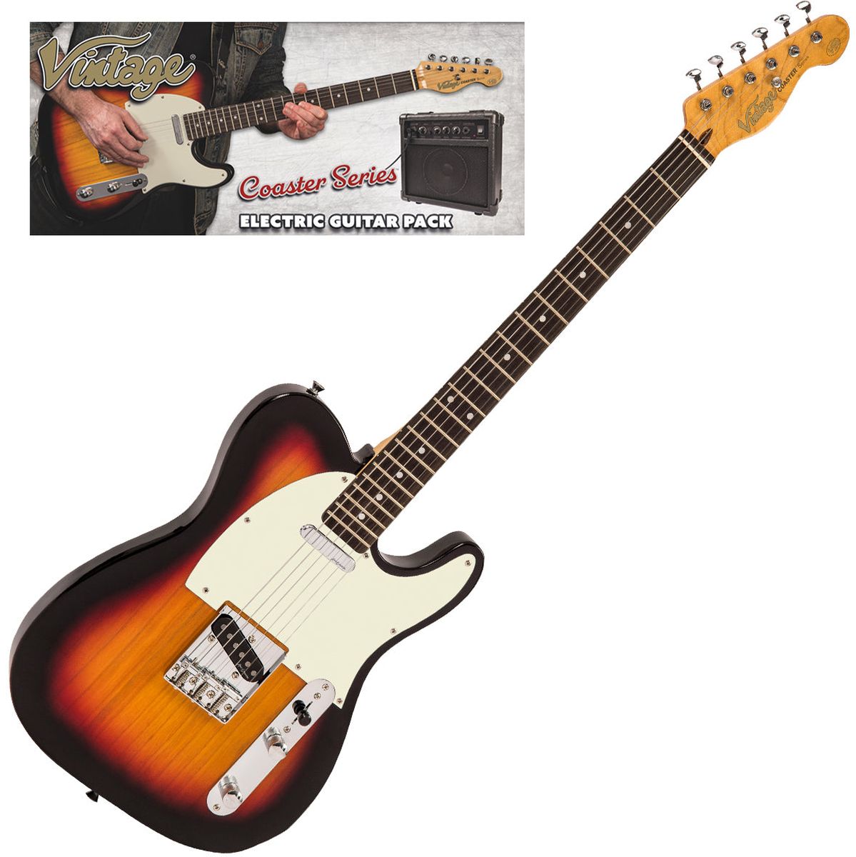 Vintage V20 Coaster Electric Guitar Pack - 3 Tone Sunburst