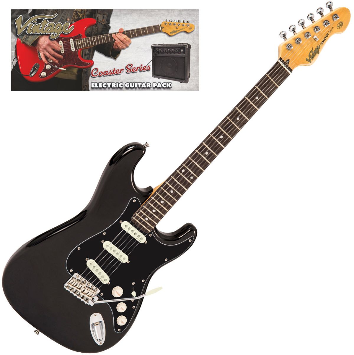 Vintage V60 Coaster Electric Guitar Pack - Gloss Black