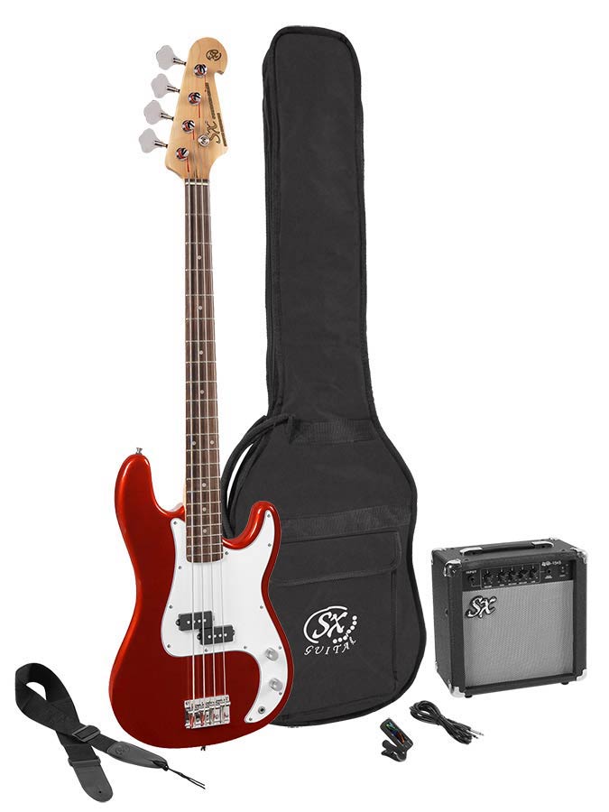 SX Basgitaar P-style Starter set gitaarpakket Candy Apple Red