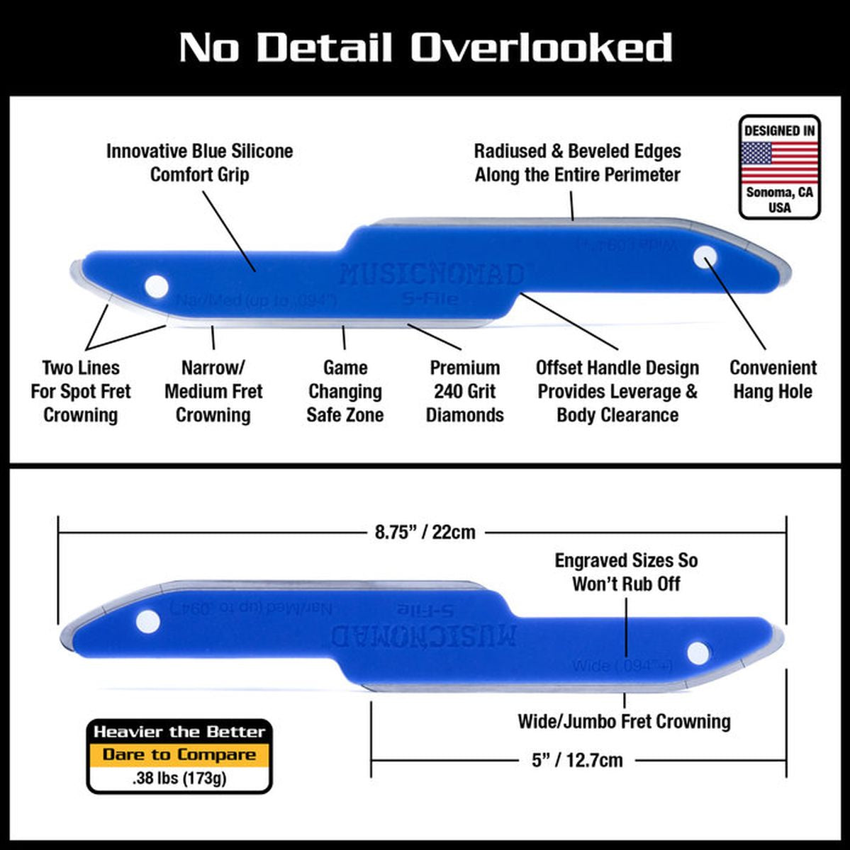 MusicNomad Diamond Coated Safe Zone Fret Crowning File (S-File)