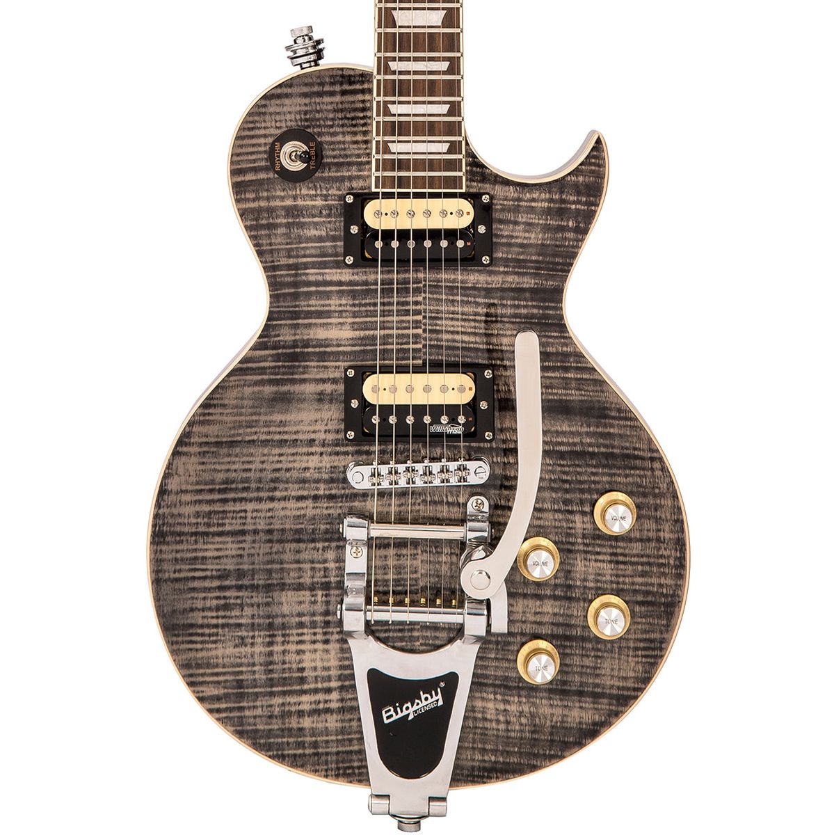 Vintage V100 Guitar - Black Flamed Maple w/ Bigsby