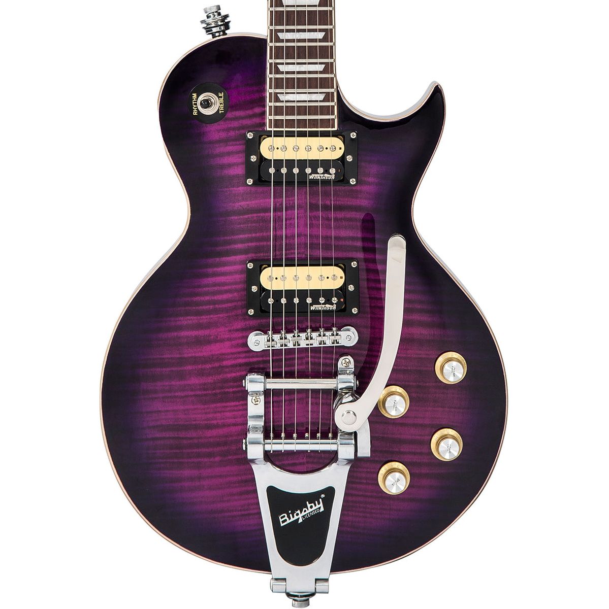 Vintage V100 Guitar - Purple Flamed Maple w/ Bigsby