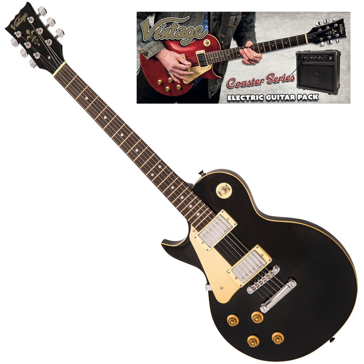 Vintage V10 Coaster Left Handed Electric Guitar Pack - Gloss Black