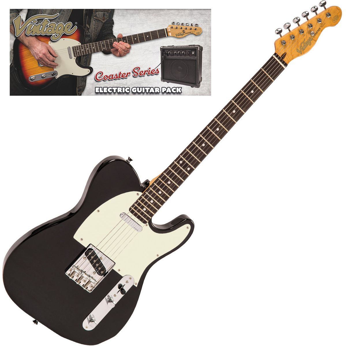 Vintage V20 Coaster Electric Guitar Pack - Gloss Black