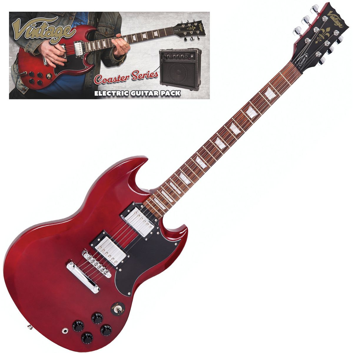 Vintage V69 Coaster Electric Guitar Pack - Cherry Red